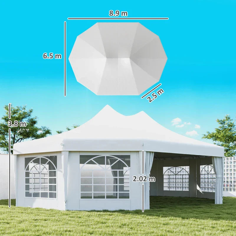 8.9m x 6.5m Premium 10 – Sided Garden Marquee Gazebo – Steel Frame Outdoor Party Tent with Windows