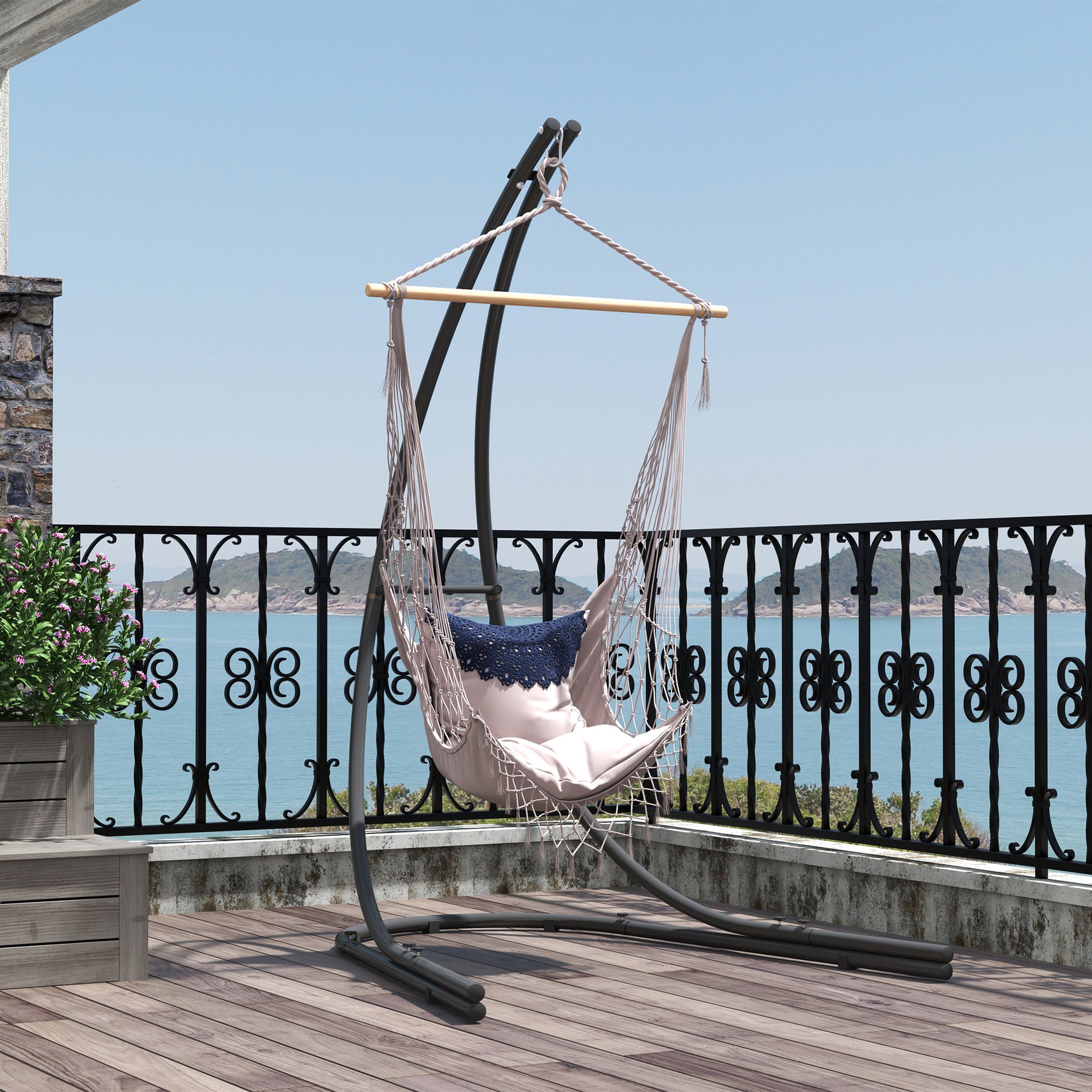 Outsunny Hammock Chair Stand Only, Hanging Chair Stand with Extra Large Base, Heavy Duty Metal Single Hammock Egg Swing Frame for Indoor Outdoor, 150 KG Load Capacity, Black
