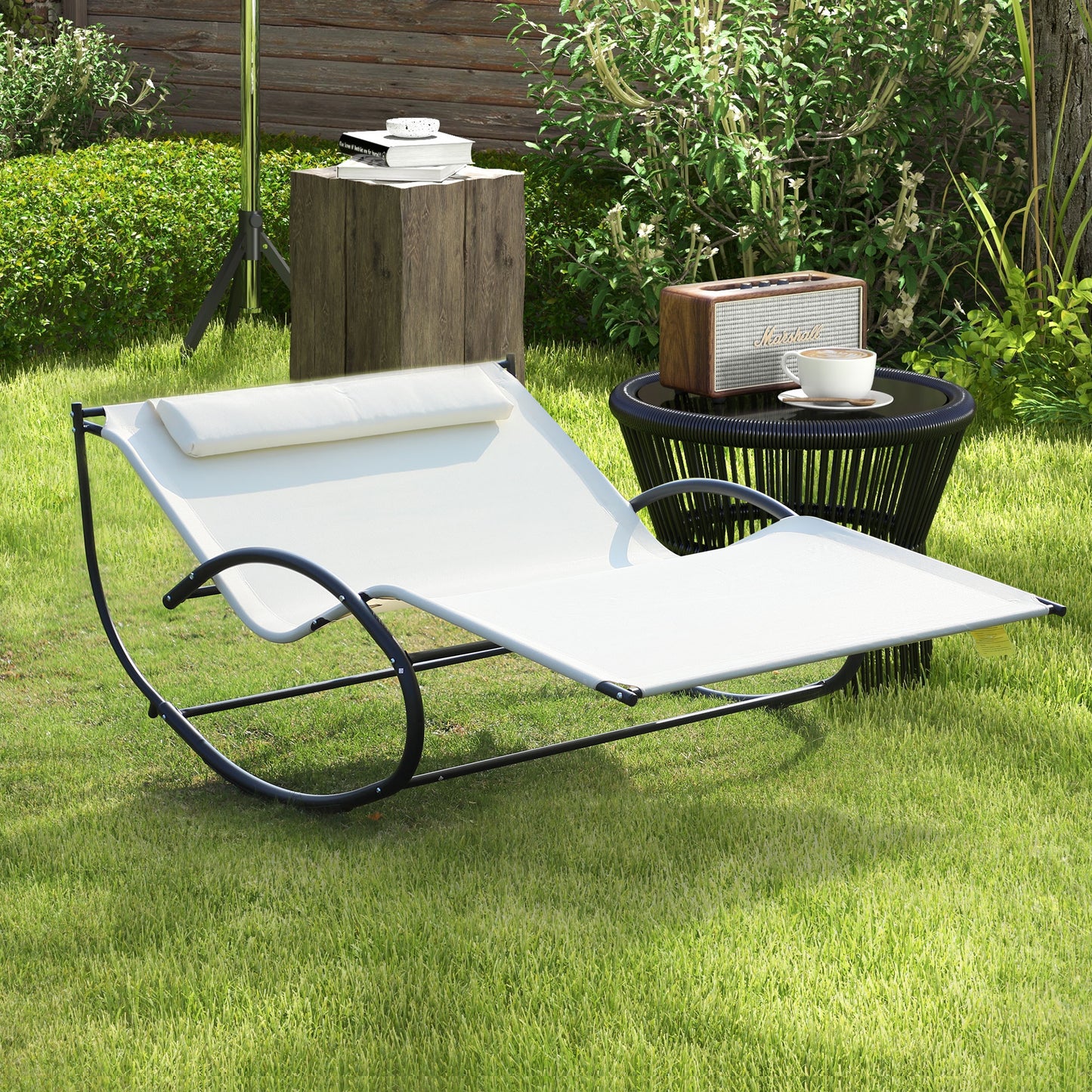 Riviera Double Sun Lounger, Rocking Lounger Sunbed Daybed with Armrest and Headrest Pillow, for Two, For Garden
