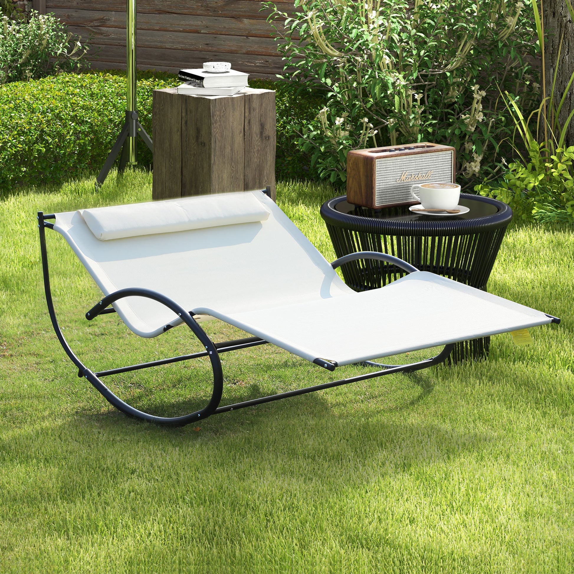 Riviera Double Sun Lounger, Rocking Lounger Sunbed Daybed with Armrest and Headrest Pillow, for Two, For Garden