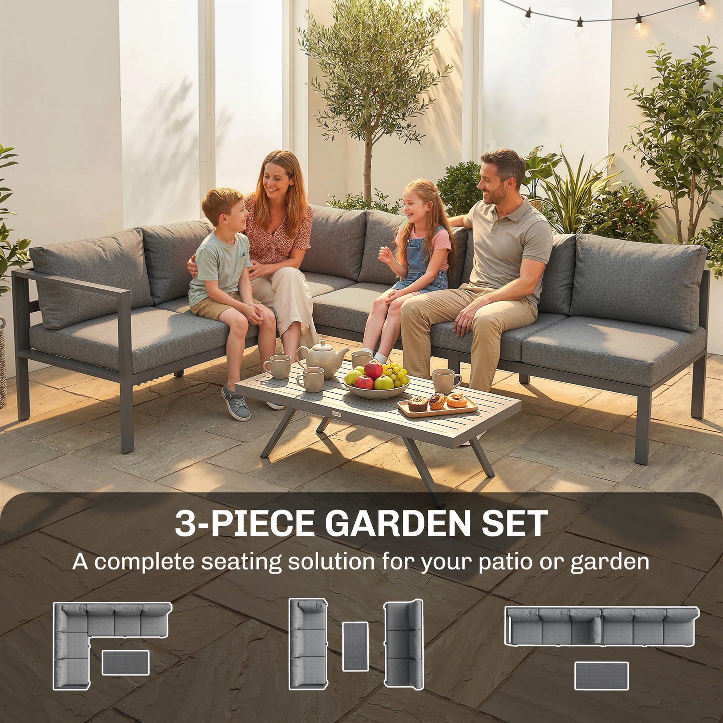 Outsunny 3 Pieces Garden Furniture Set, Aluminium Corner Lounge Set with Adjustable Backrest, Grey