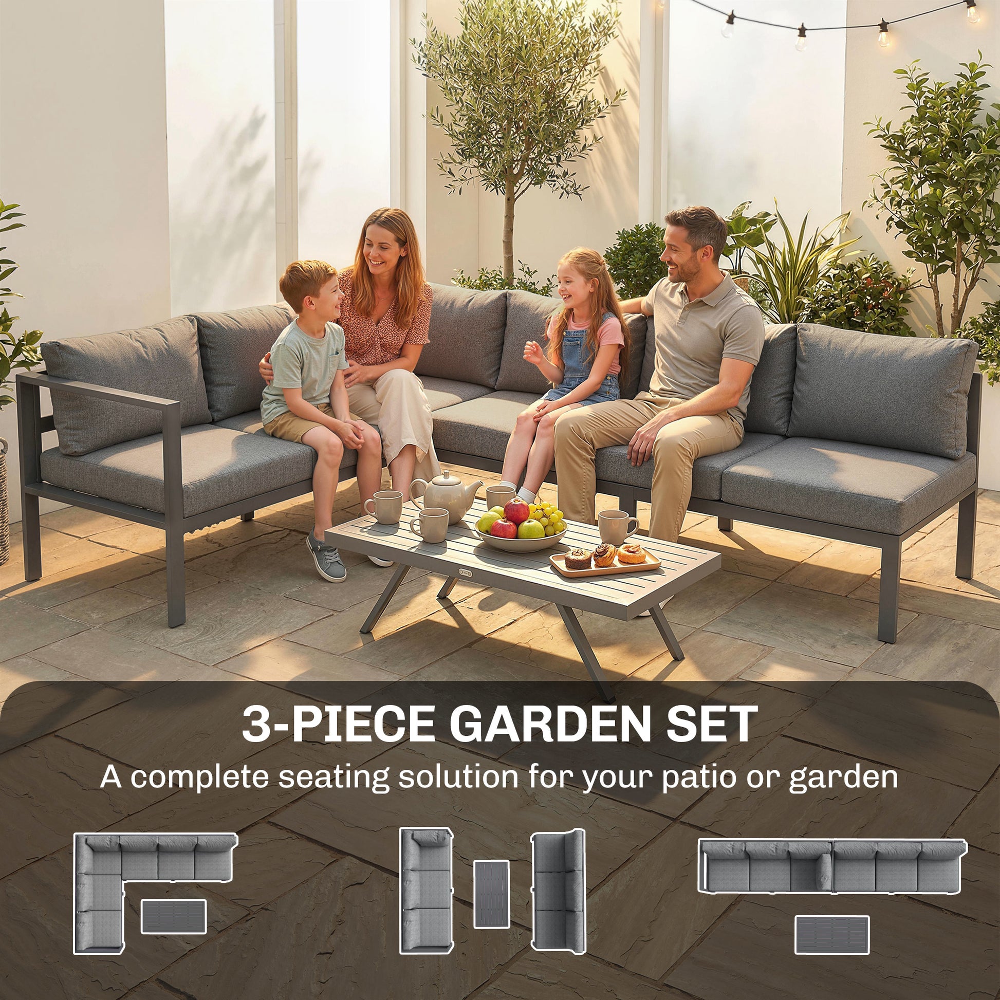 Outsunny 3 Pieces Garden Furniture Set, Aluminium Corner Lounge Set with Adjustable Backrest, Grey