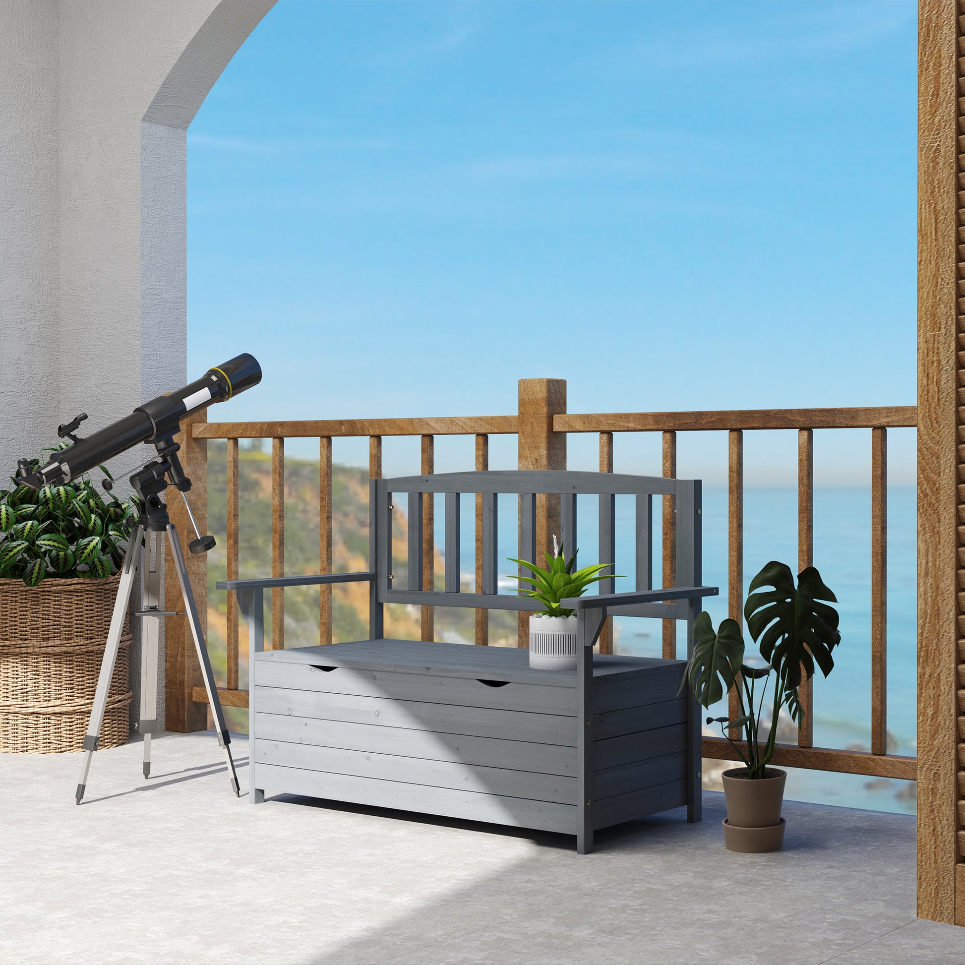 Outsunny Outdoor 2 Seater Garden Bench, Wooden Bench with Storage, Backrest, Arm Rests, 112 x 84 x 58 cm, Grey
