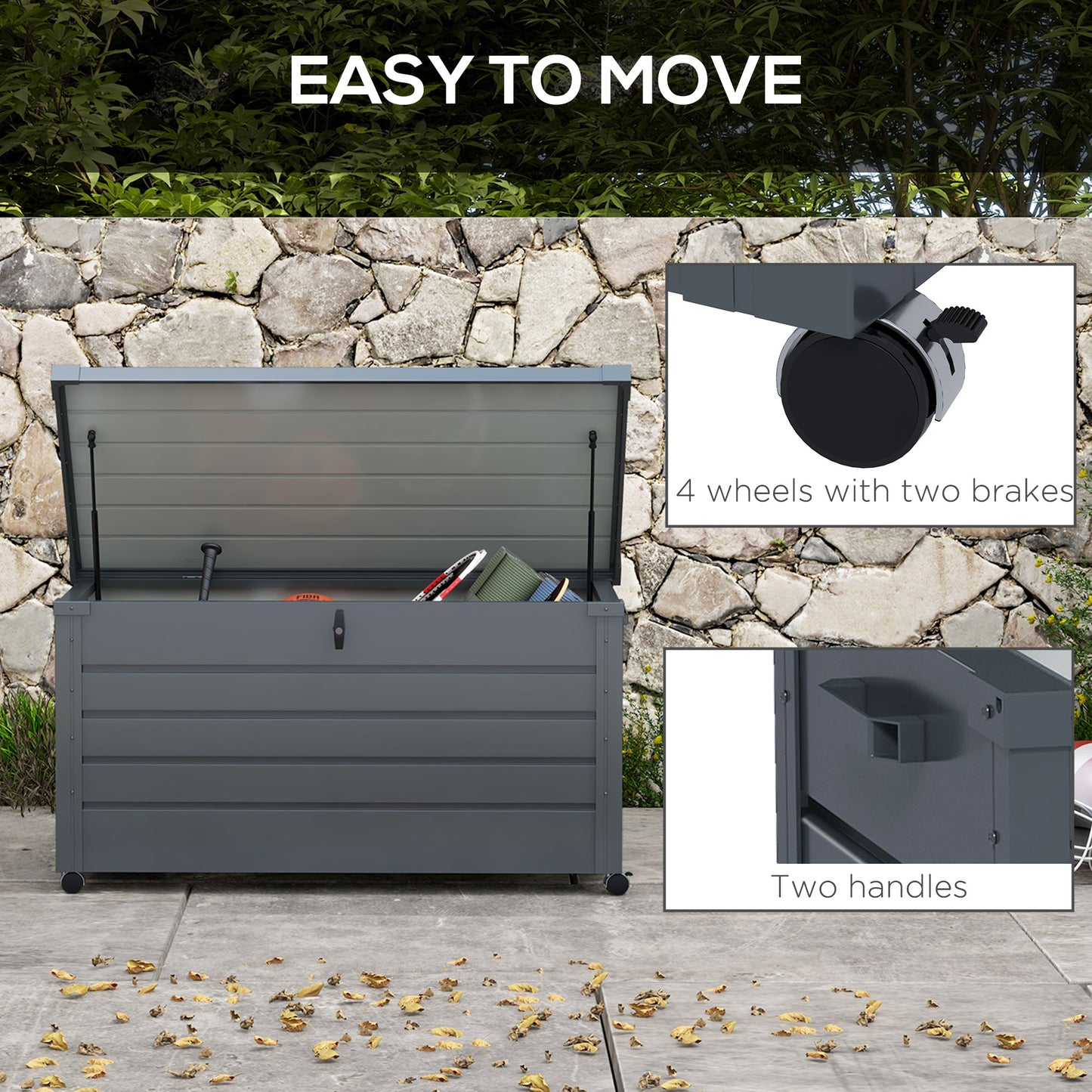 Outsunny - 311L Galvanised Steel Garden Storage Box, with Wheels, Lockable, Dark Grey