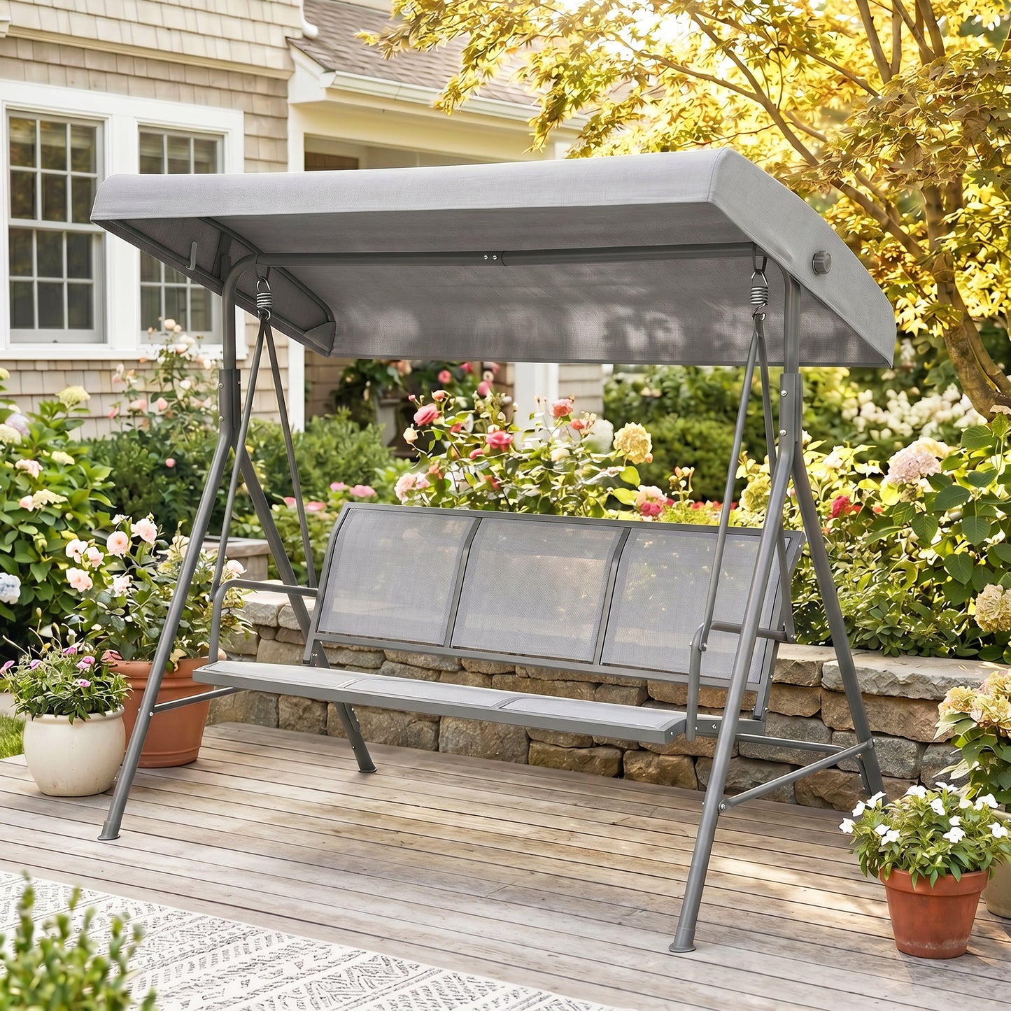 Outsunny 3 Seater Swing Chair, Garden Swing Bench with Adjustable Tilting Canopy, Breathable Mesh Seat and Heavy Duty Steel Frame for Patio, Garden, Grey