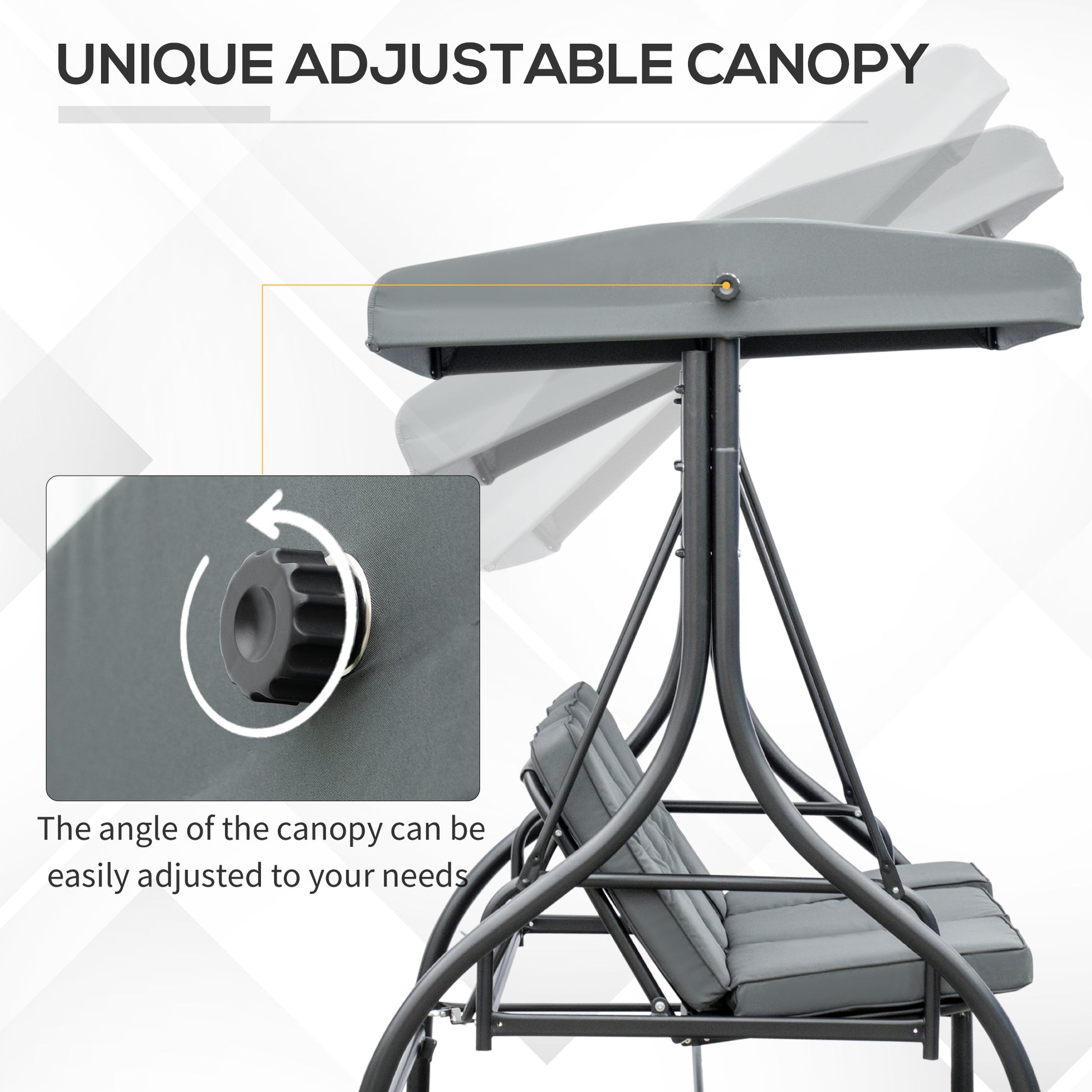 Outsunny 3 Seater Garden Swing Chair, 2 in 1 Convertible Patio Swing Seat Bed with Adjustable Canopy, Cushions and Metal Frame, Outdoor Hammock Bench Chair for Balcony, Terrace, Dark Grey