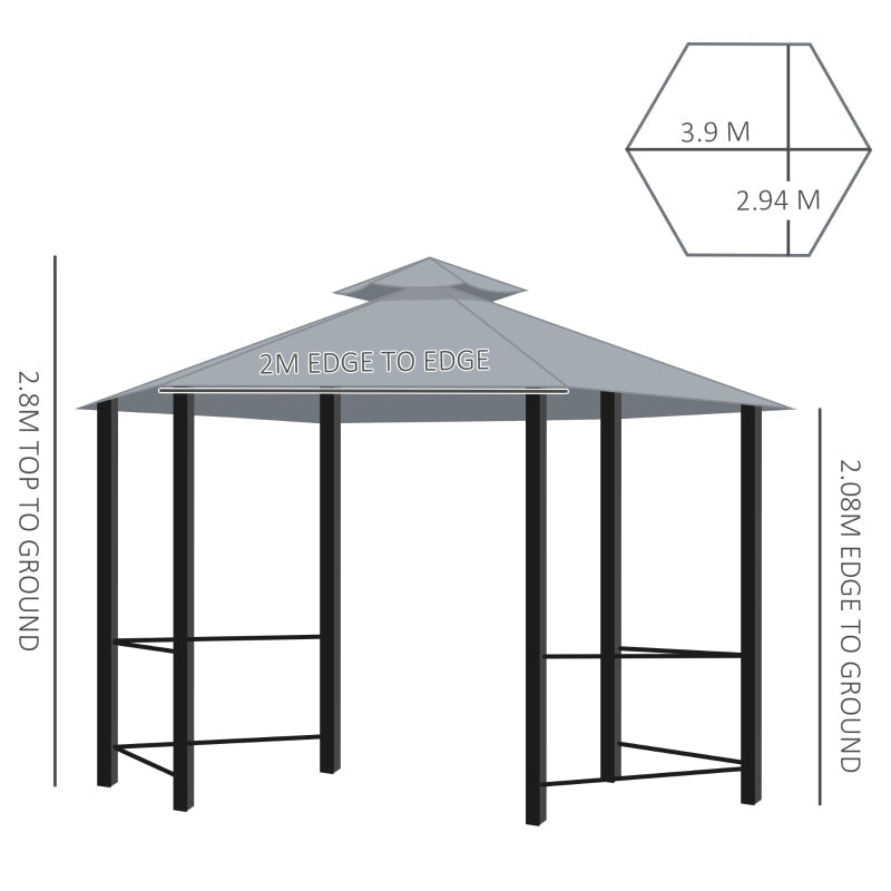 3m x 3m Hexagonal Garden Gazebo with Privacy Curtains & Mesh Insect Screens – Grey Steel Frame Pavilion