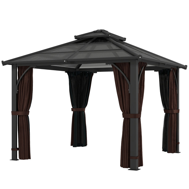 3x3m Brown Permanent Hardtop Gazebo Pavilion – 7mm Polycarbonate Double Roof Garden Shelter with Curtains & Insect Netting