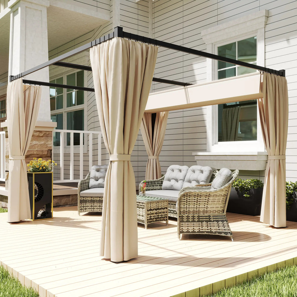 3m x 3m Retractable Metal Pergola with Curtains – Outdoor Patio & Deck Shelter, Adjustable Canopy Shade for BBQ & Grill Area, Beige