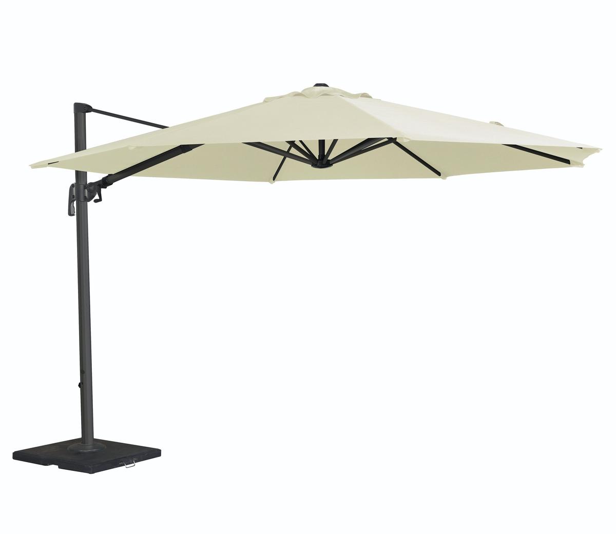Beige outdoor cantilever parasol with a square canopy, featuring a sturdy black metal frame and base. Ideal for garden or patio shade and protection.