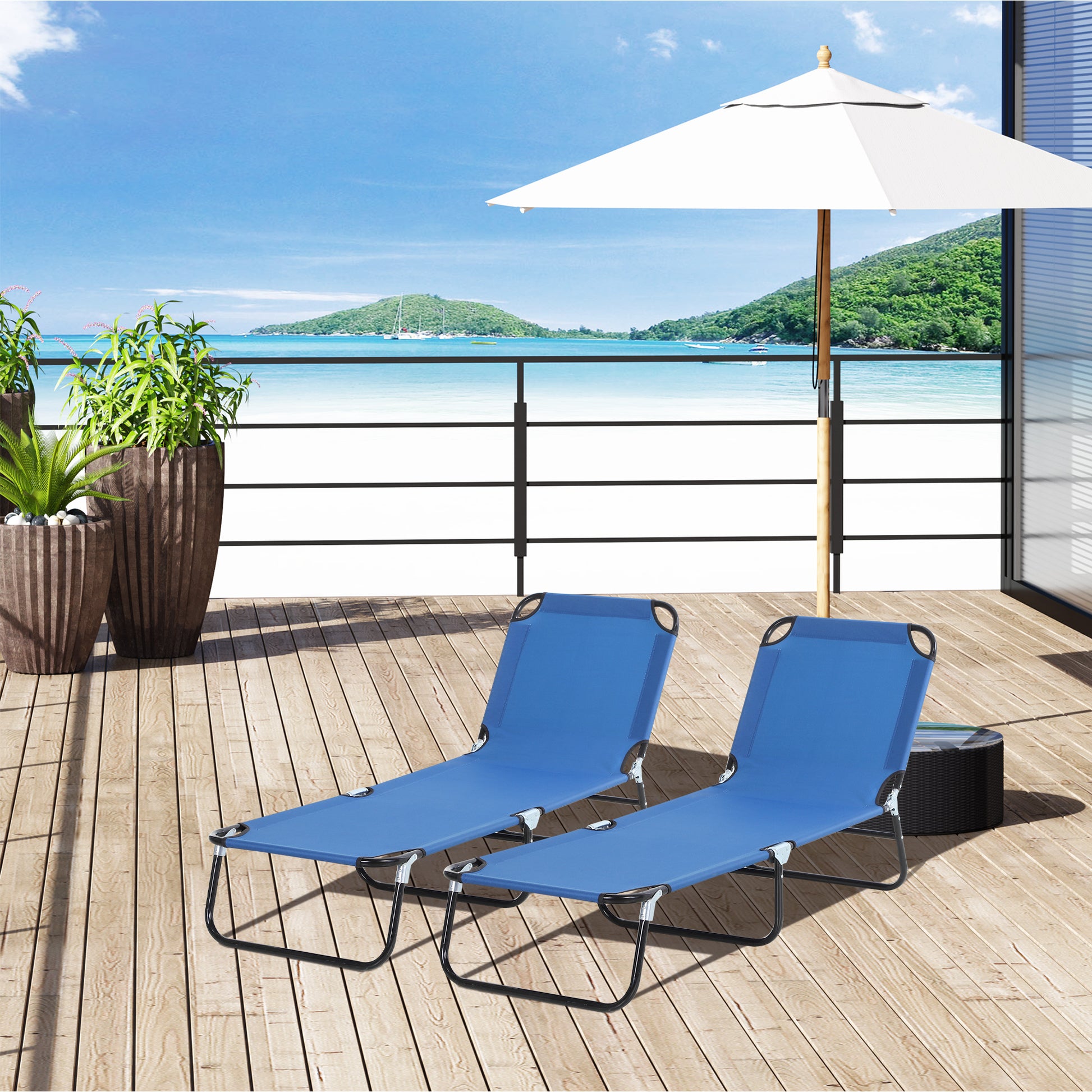 2 Piece Foldable Sun Loungers with 5-Position Adjustable Backrest, Outdoor Portable Recliner Chaise Lounge Chairs with Breathable Mesh Fabric,