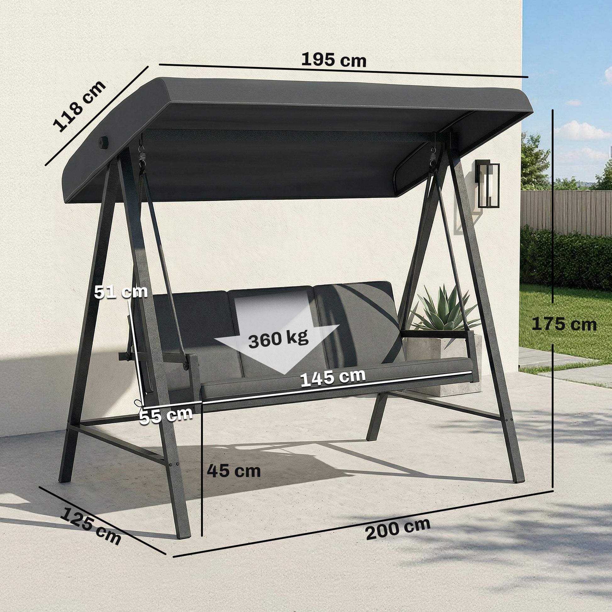 Outsunny Three-Seat Garden Swing Chair, with Adjustable Canopy - Dark Grey