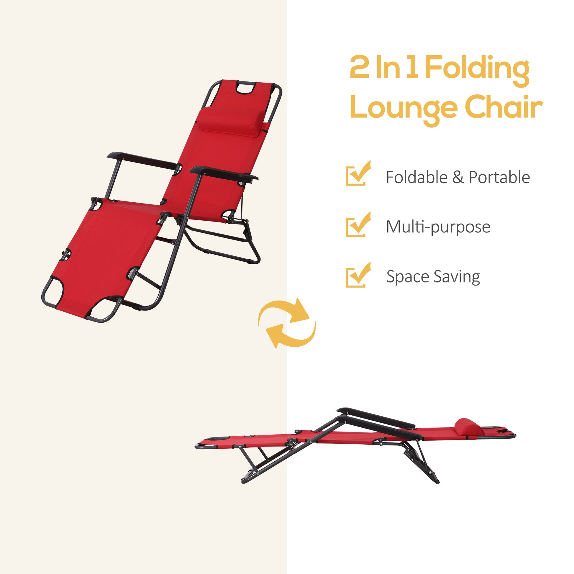 Outsunny 2 in 1 Folding Sun Lounger Reclining Garden Chair Set of 2 with 2-Level Adjustable Backrest, Outdoor Zero Gravity Recliner Garden Chairs with Head Pillow and Armrests, Red