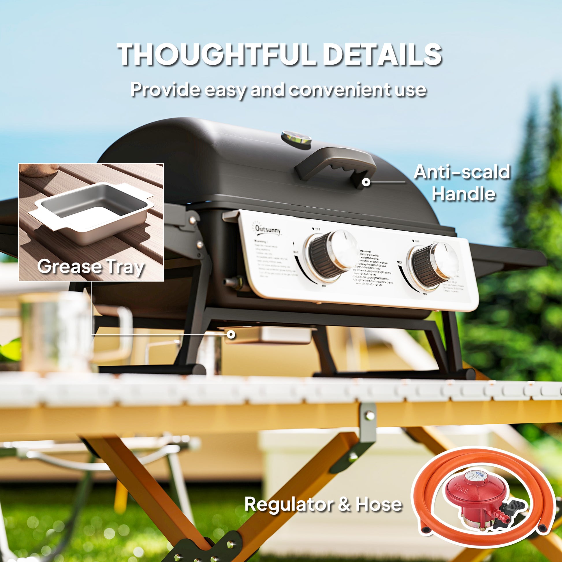 Outsunny Two-Burner Compact Gas Grill with 2 Folding Side Shelves - Black