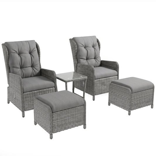 Outsunny 5 Pieces Rattan Bistro Set with Adjustable Back, Reclining Wicker Balcony Furniture with Cushions, Glass Top Coffee Table and Footstools, Outdoor Table and Chairs, Light Grey