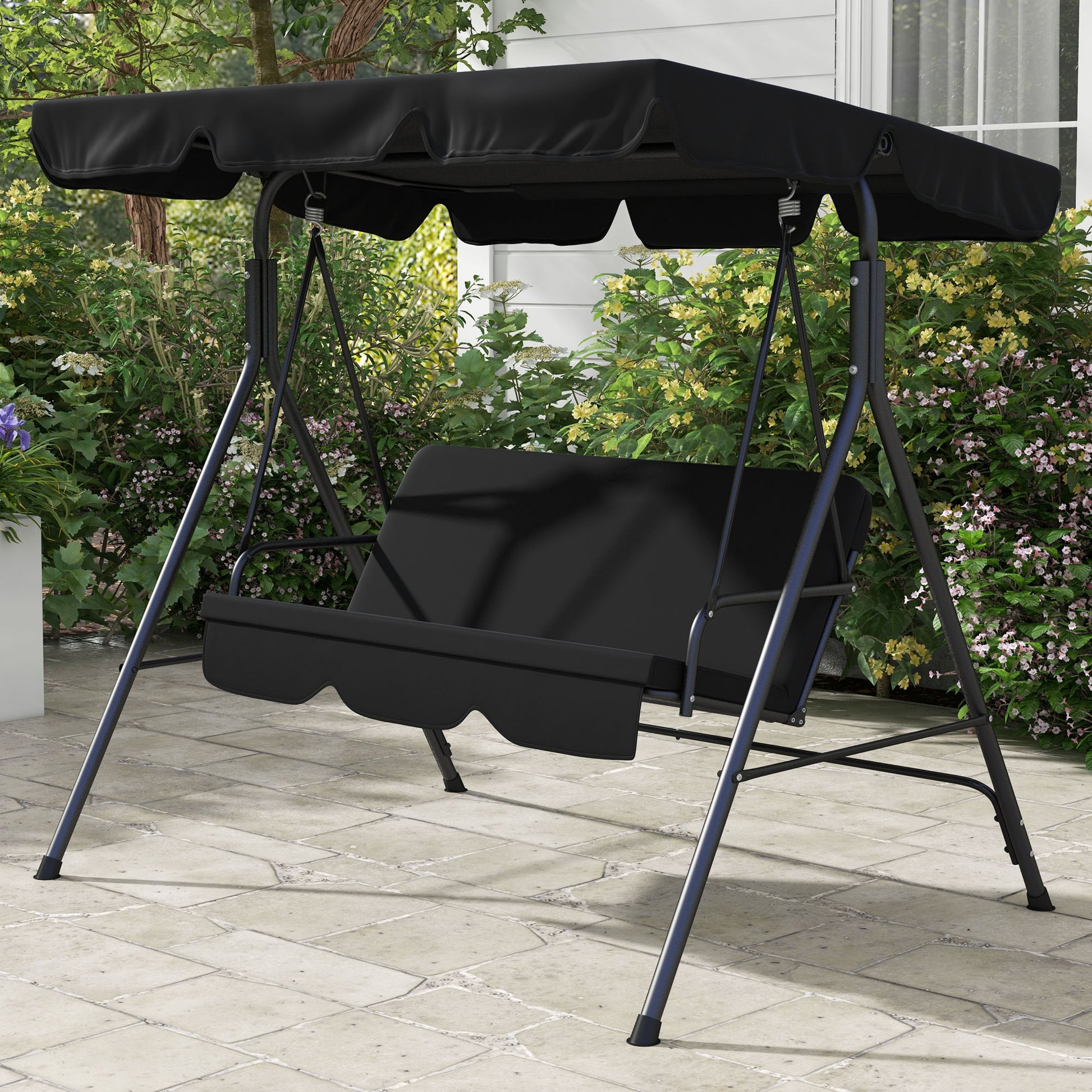 Verona Three-Seater Garden Swing Chair, with Adjustable Canopy - Black