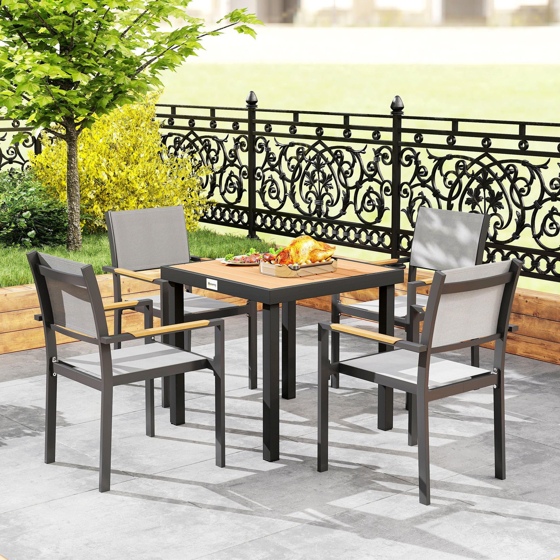 Outsunny 78 cm Garden Dining Table for 4 People, Square Outdoor Coffee End Side Table with Aluminium Legs, Natural Wood Finish