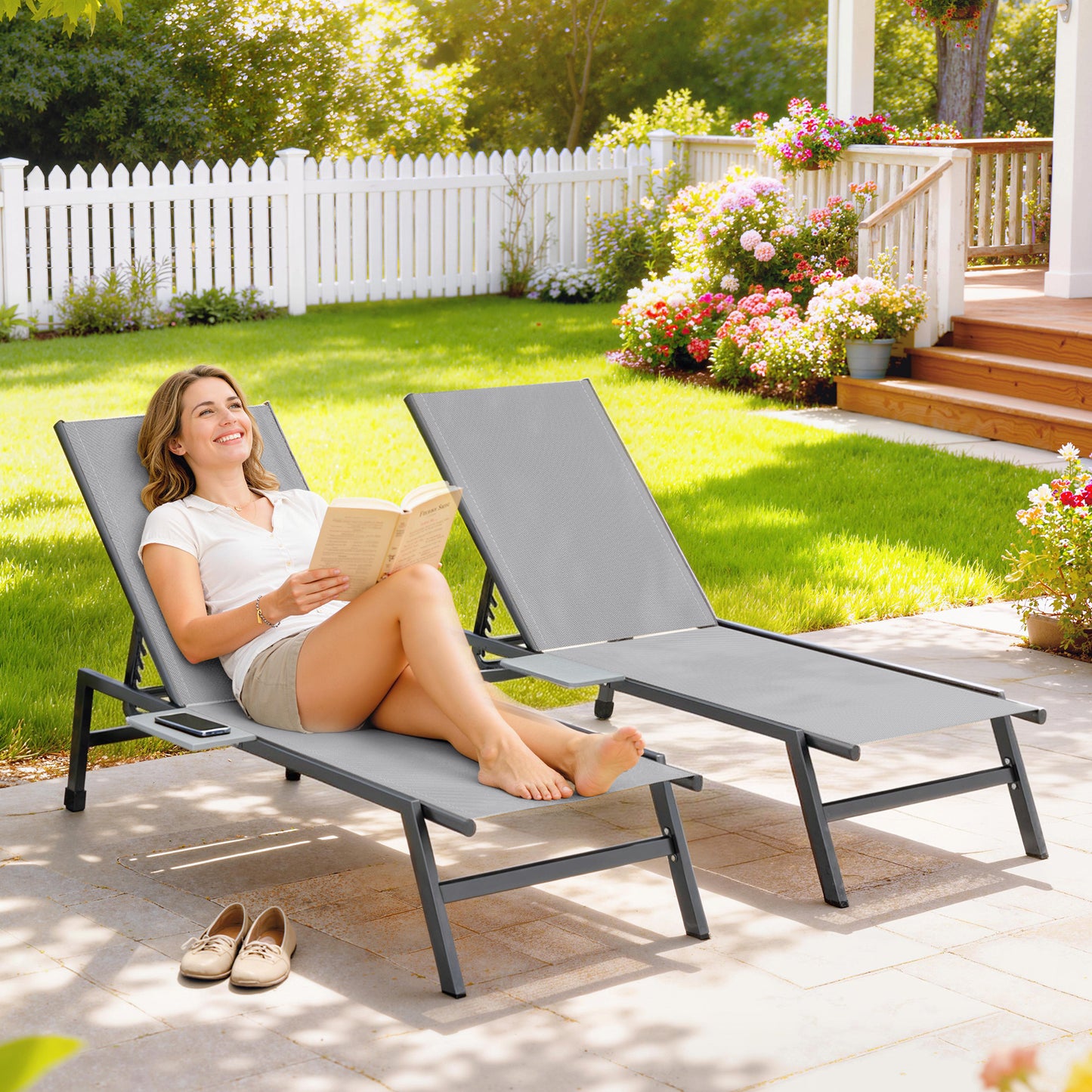 Tivoli Sun Loungers Set of 2 with Side Tray Table, Garden Recliners with 5-Position Adjustable Backrest, 2 Wheels
