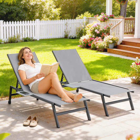 Tivoli Sun Loungers Set of 2 with Side Tray Table, Garden Recliners with 5-Position Adjustable Backrest, 2 Wheels