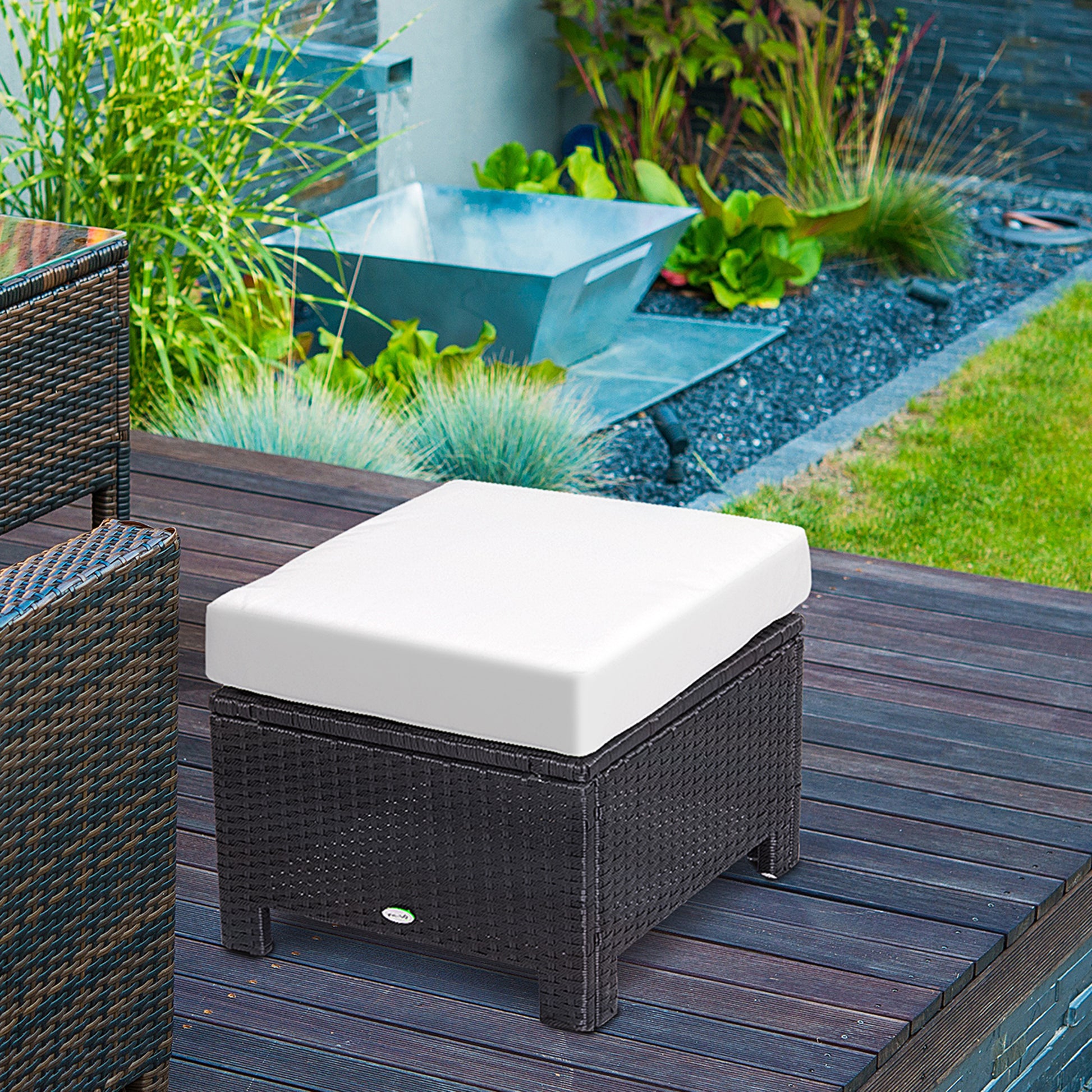 Ibiza Rattan Footstool Wicker Ottoman with Padded Seat Cushion Garden Furniture for Garden Poolside Living Room