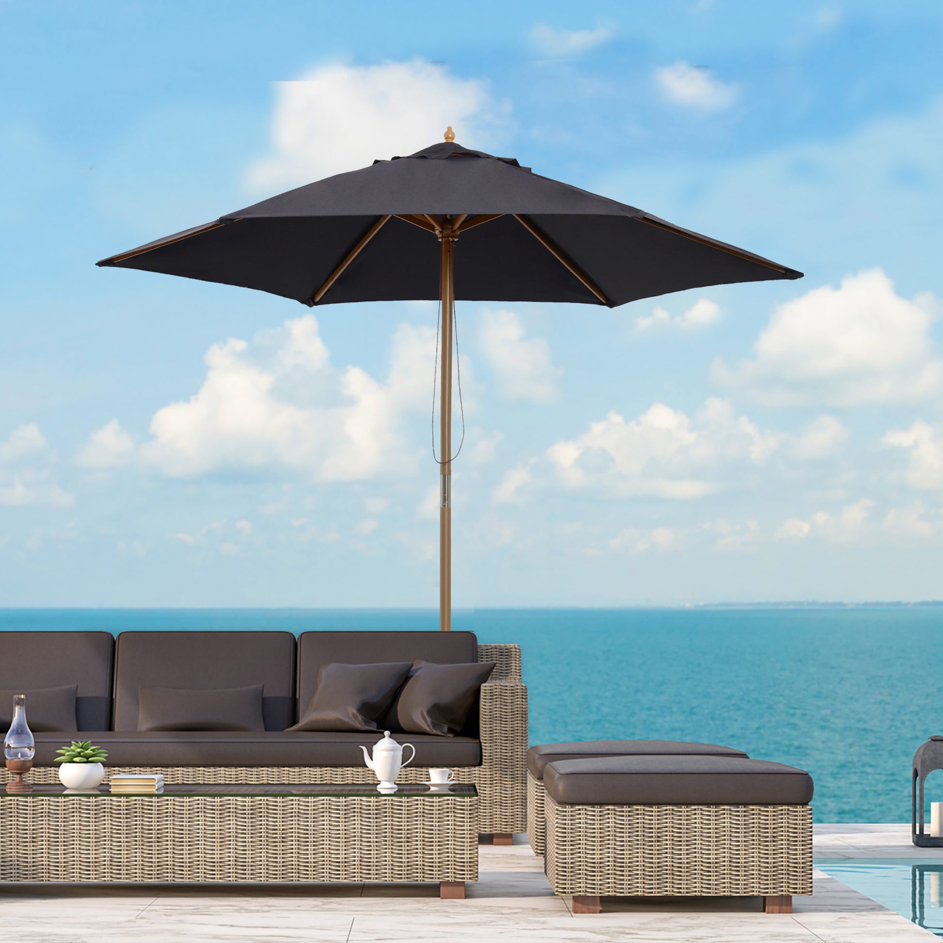 2.5m Wood Garden Parasol Sun Shade Patio Outdoor Wooden Umbrella Canopy Black