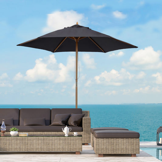 2.5m Wood Garden Parasol Sun Shade Patio Outdoor Wooden Umbrella Canopy Black