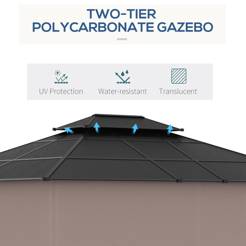 3.6m x 3m Hardtop Garden Gazebo with Twin-Tier Polycarbonate Roof, Privacy Curtains & Insect Mesh Panels