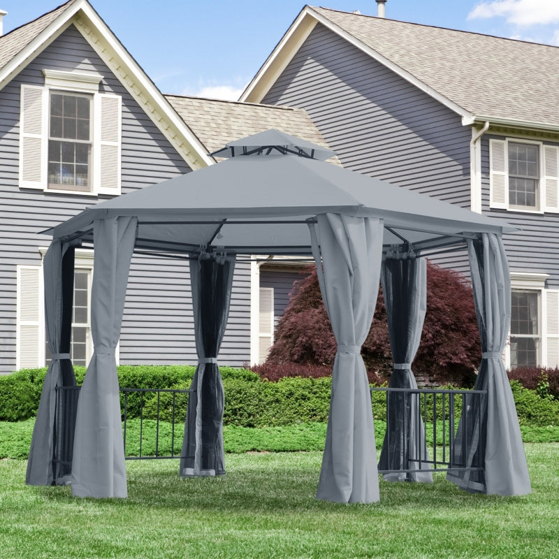 3m x 3m Hexagonal Garden Gazebo with Privacy Curtains & Mesh Insect Screens – Grey Steel Frame Pavilion
