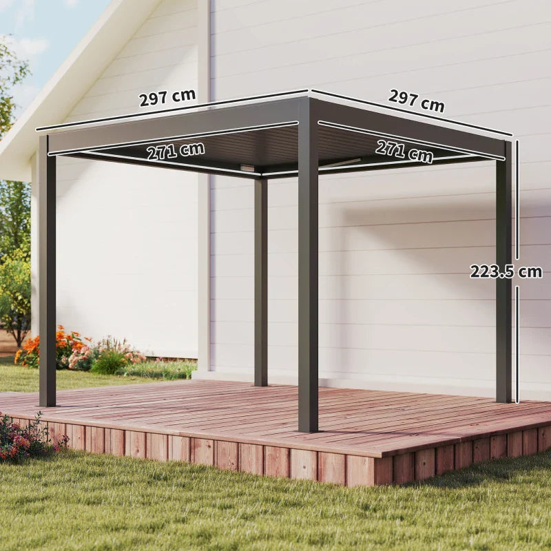 3m x 3m Dark Grey Motorised Aluminium Pergola with Remote – Controlled Louvered Roof, LED Lighting & Integrated Rainwater Drainage System