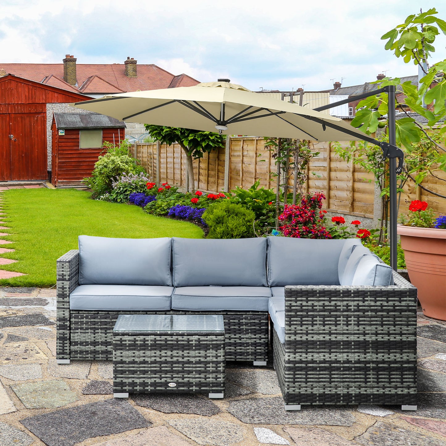 Riviera Four-Piece Rattan Sofa Set with 11 Cushions, Steal Frame - Grey