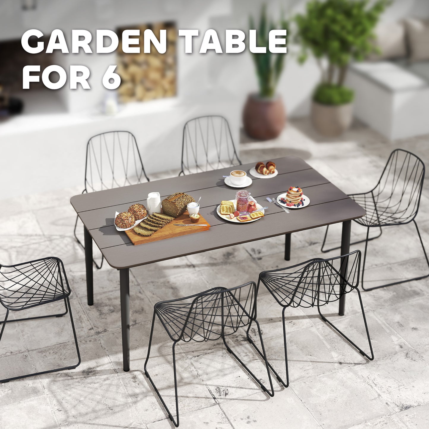 Outsunny Outdoor Dining Table for 6 People with Rust Resistant Metal Frame, WPC Top, Dark Grey