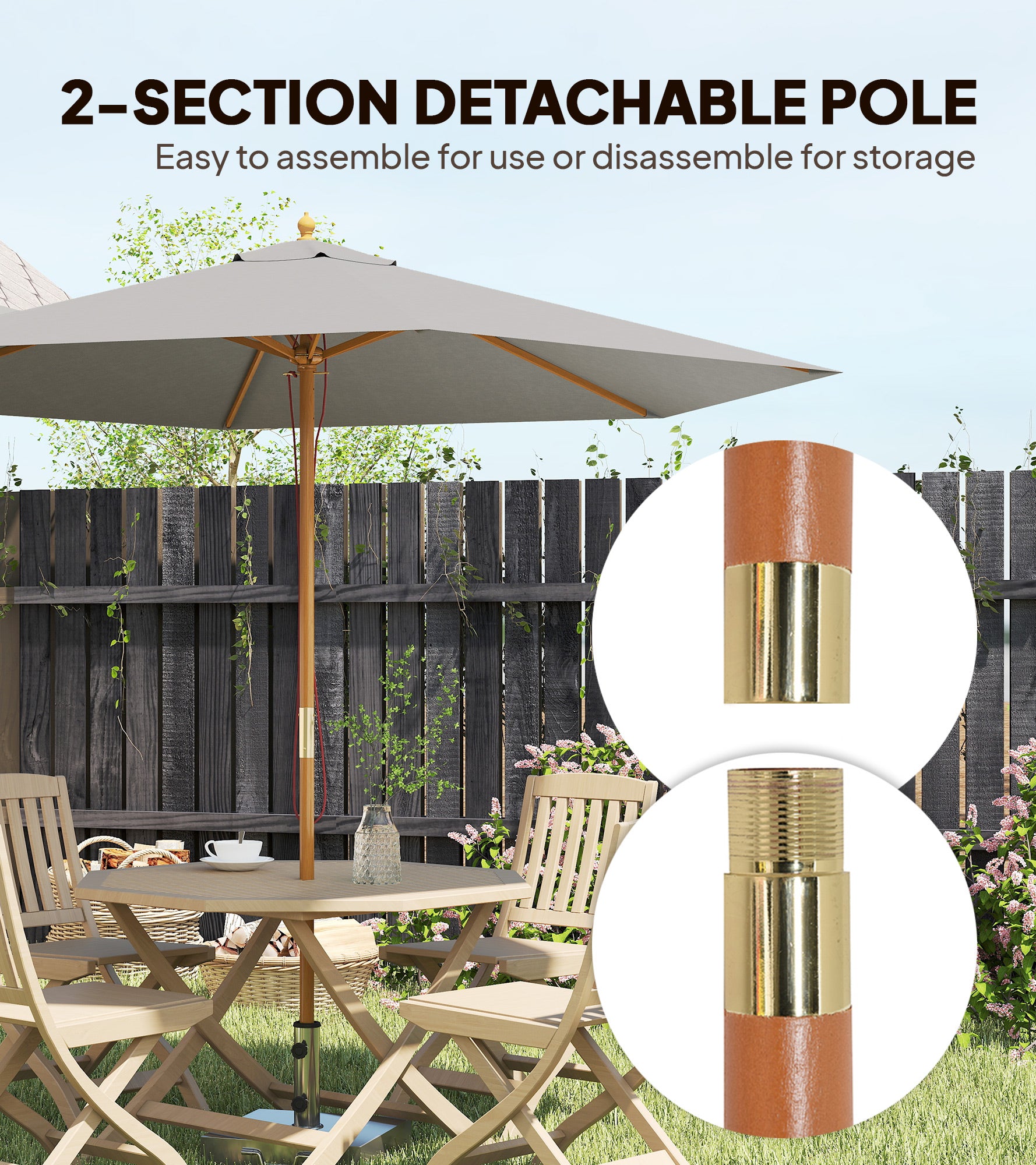 Outsunny 2.5m Wood Garden Parasol Sun Shade Patio Outdoor Wooden Umbrella Canopy, Table Market Umbrella with Vent, 38mm Pole, Rope Pulley Mechanism, Grey