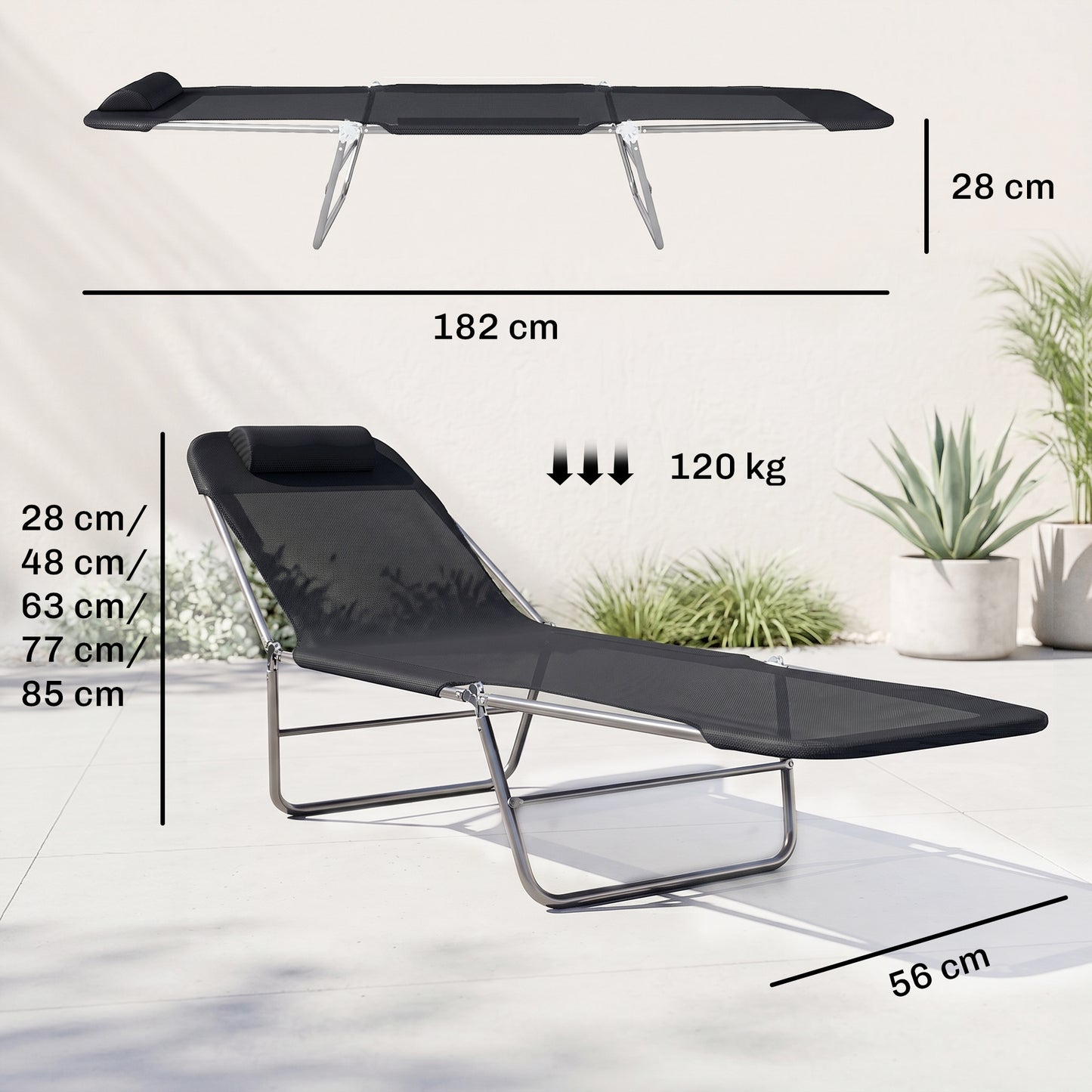 Outsunny Folding Sun Lounger, Texteline Reclining Sun Bed with 5 Position Adjustable Backrest, Headrest, Black