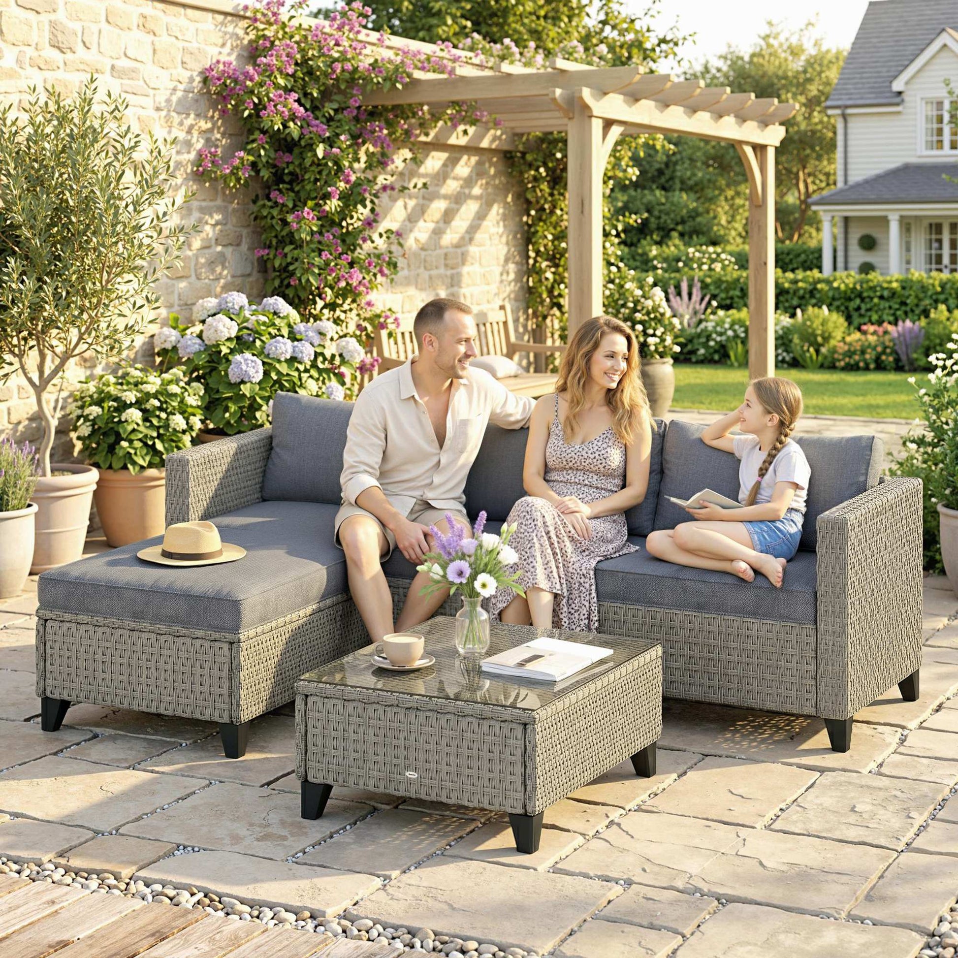 Outsunny 5-Piece Rattan Patio Furniture Set with Corner Sofa, Footstools, Coffee Table, for Poolside, Dark Grey