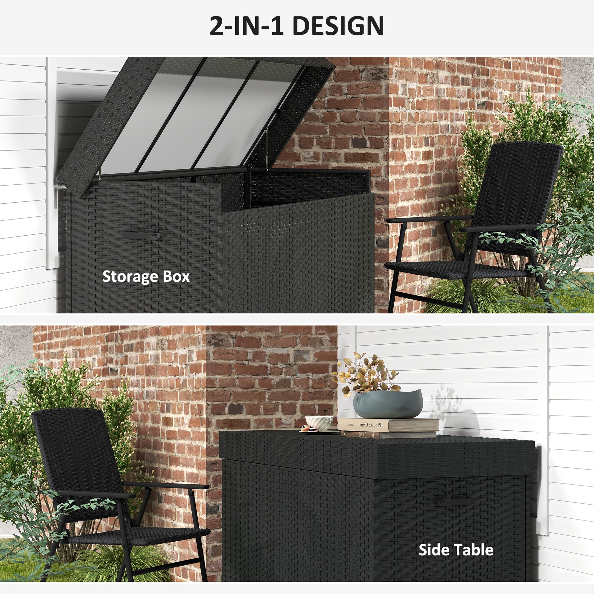 Outsunny - 627L Rattan Garden Storage Box, with Wheels, Black