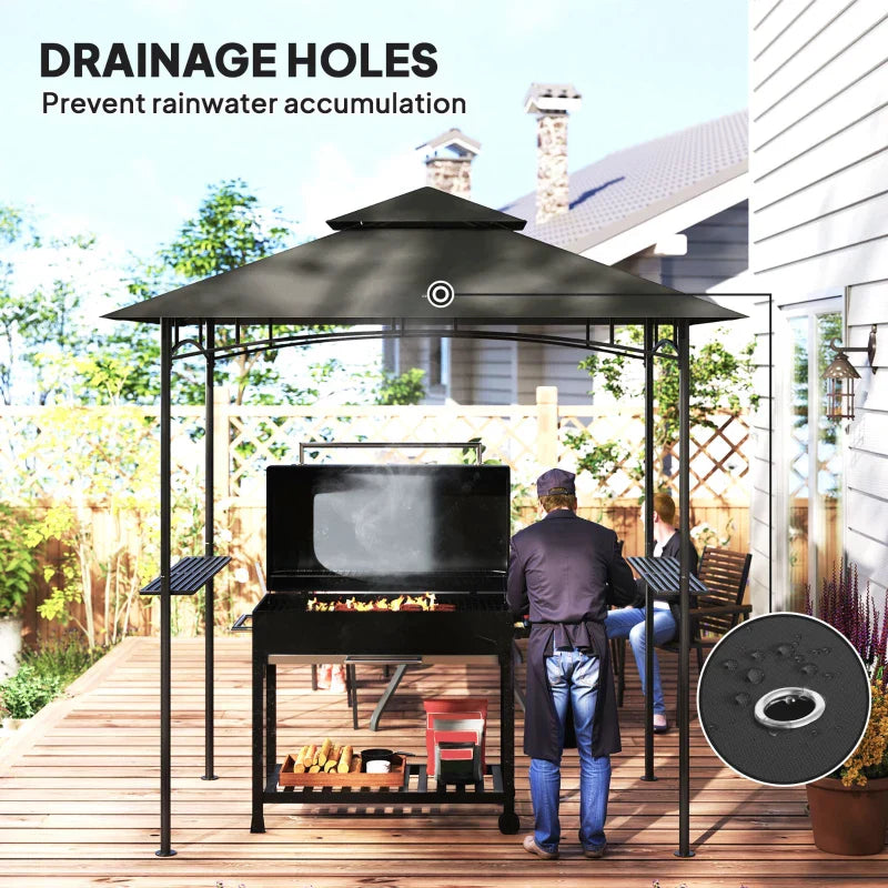 8ft x 5ft Dark Grey BBQ Gazebo Shelter with Double Vent Roof, LED Lighting, Side Shelves & Outdoor Grill Canopy