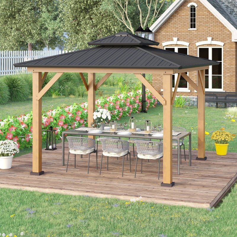 3.5m x 3.5m Wooden Hardtop Gazebo with Two Tier Black Metal Roof – Garden Pavilion Shelter