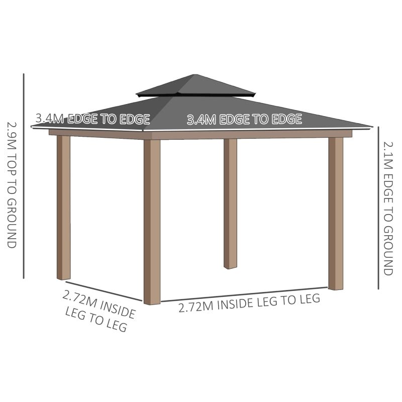 3.5m x 3.5m Wooden Hardtop Gazebo with Two Tier Black Metal Roof – Garden Pavilion Shelter