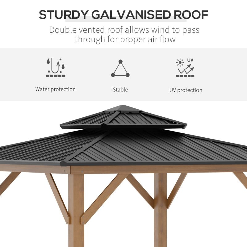 3.5m x 3.5m Wooden Hardtop Gazebo with Two Tier Black Metal Roof – Garden Pavilion Shelter
