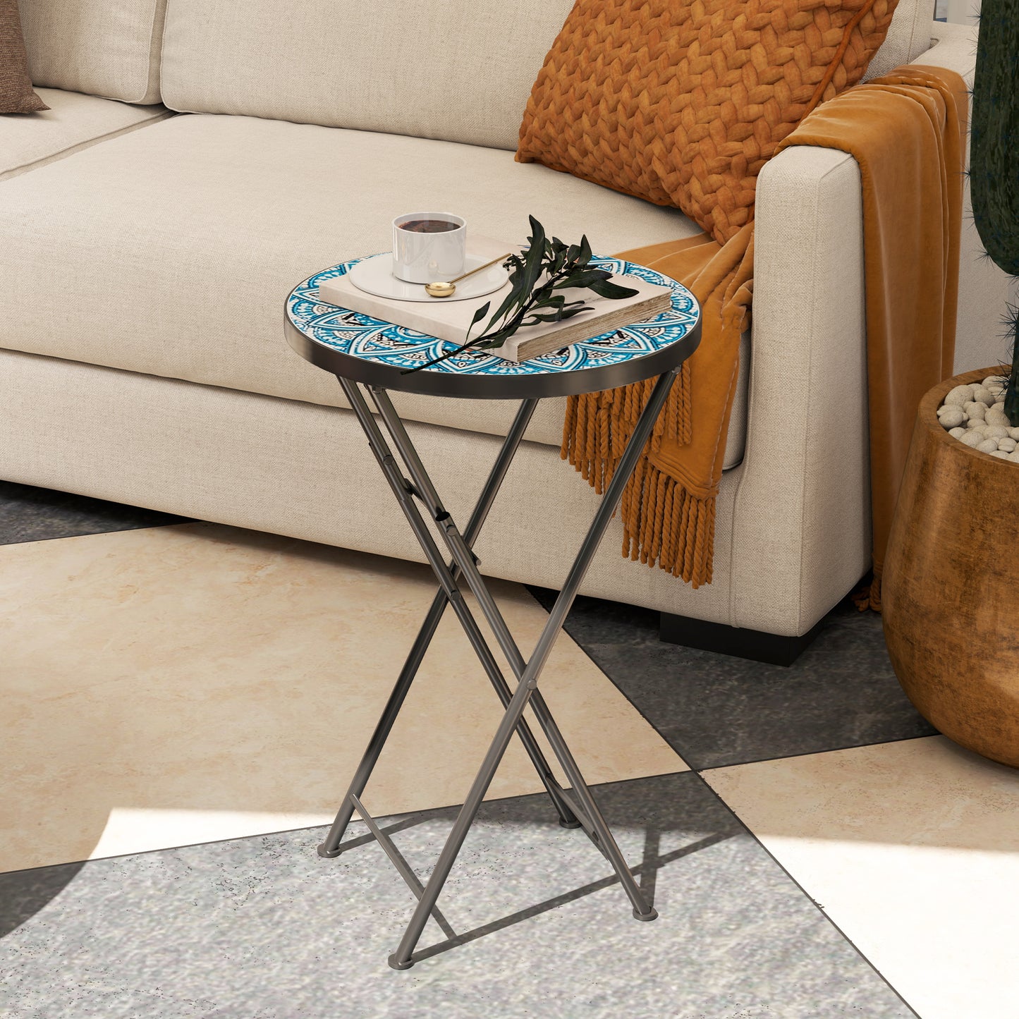 Mosaic Outdoor Garden Table, 35.5cm Round Folding Coffee Table with Metal Frame for Balcony Terrace, Blue
