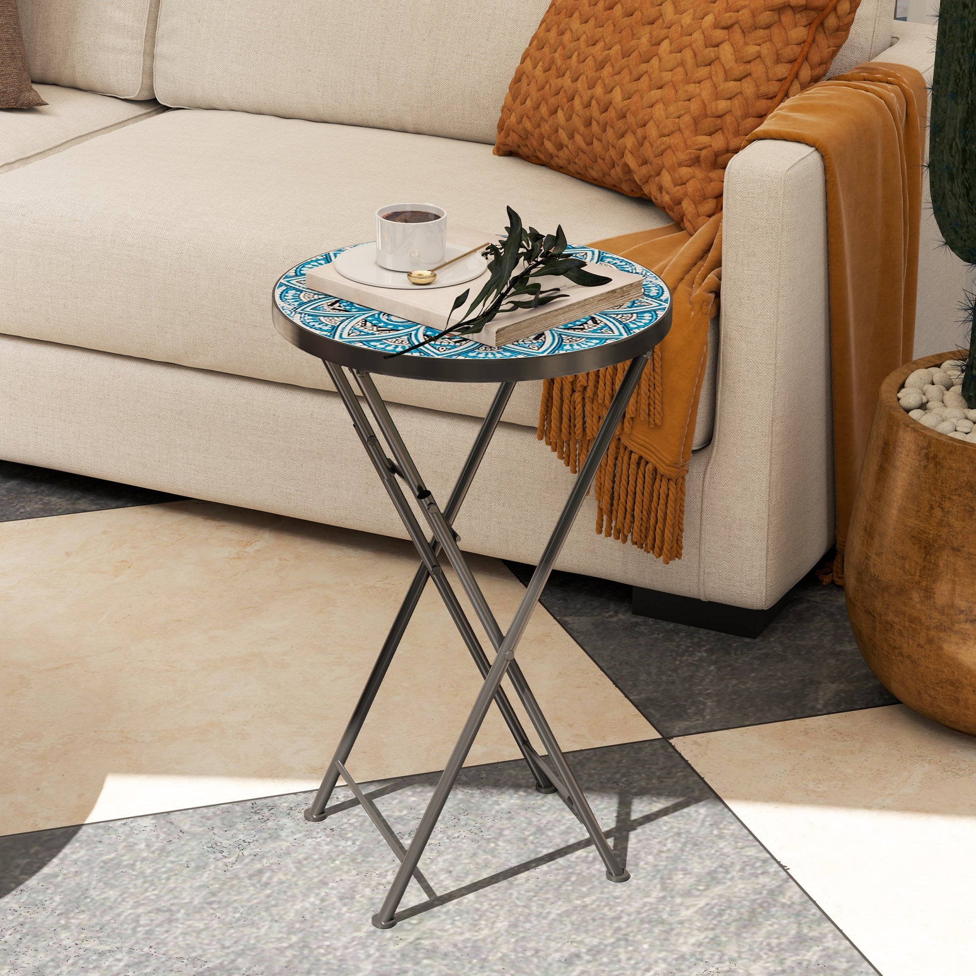 Mosaic Outdoor Garden Table, 35.5cm Round Folding Coffee Table with Metal Frame for Balcony Terrace, Blue