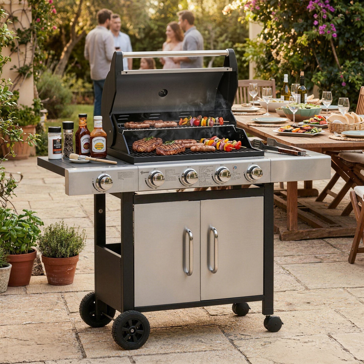 Gas BBQ 4+1 Burner Garden Smoker BBQ Trolley w/ Side Burner Warming Rack Side Shelves Storage