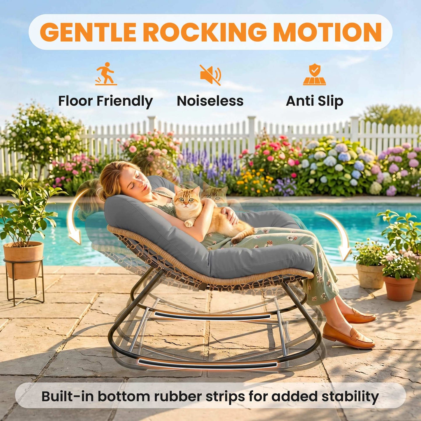 Outsunny Indoor Outdoor Rocking Chair, Oversized Rocking Egg Chair with Cushion for Living Room, Garden, Patio, Grey