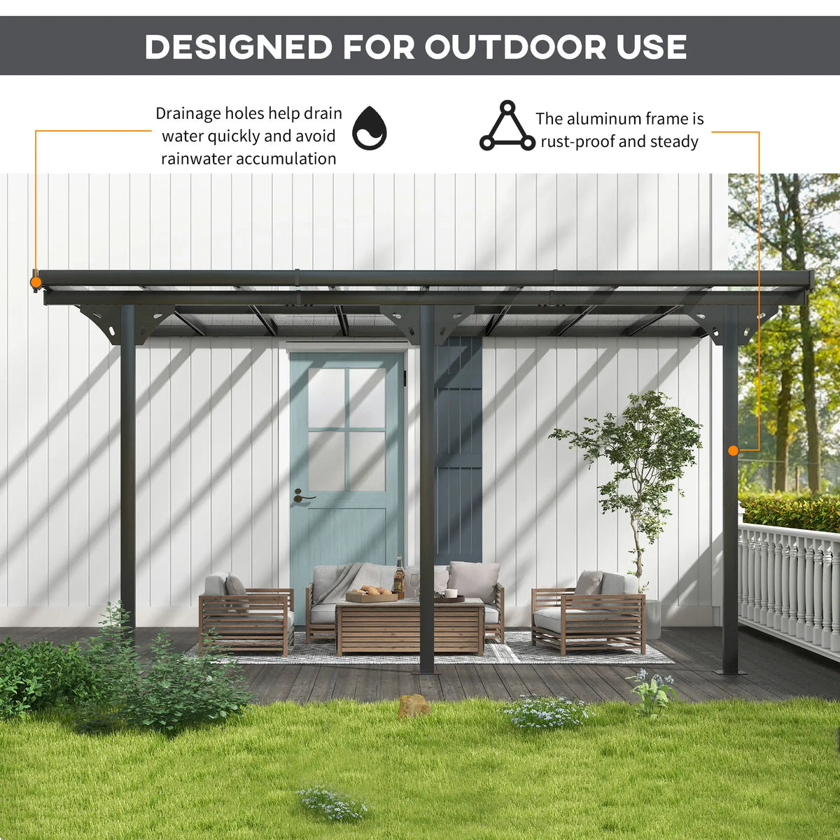 4.35m x 3m Wall Mounted Pergola – Aluminium Frame & Polycarbonate Roof – Grey Patio Cover
