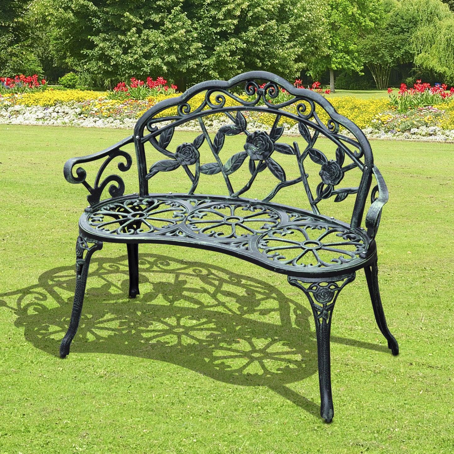 Verona Cast Aluminum Garden Bench-Antique Green