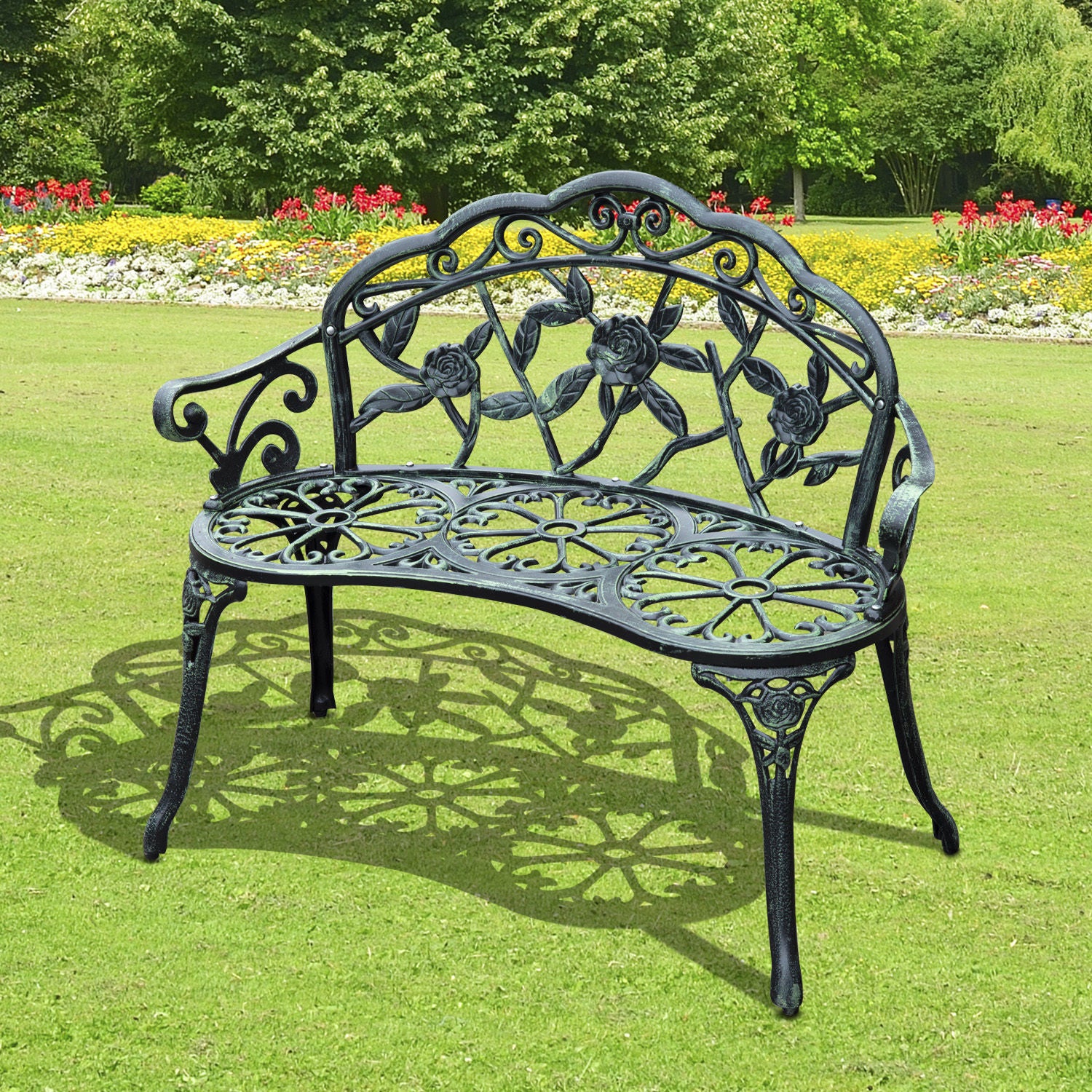 Verona Cast Aluminum Garden Bench-Antique Green