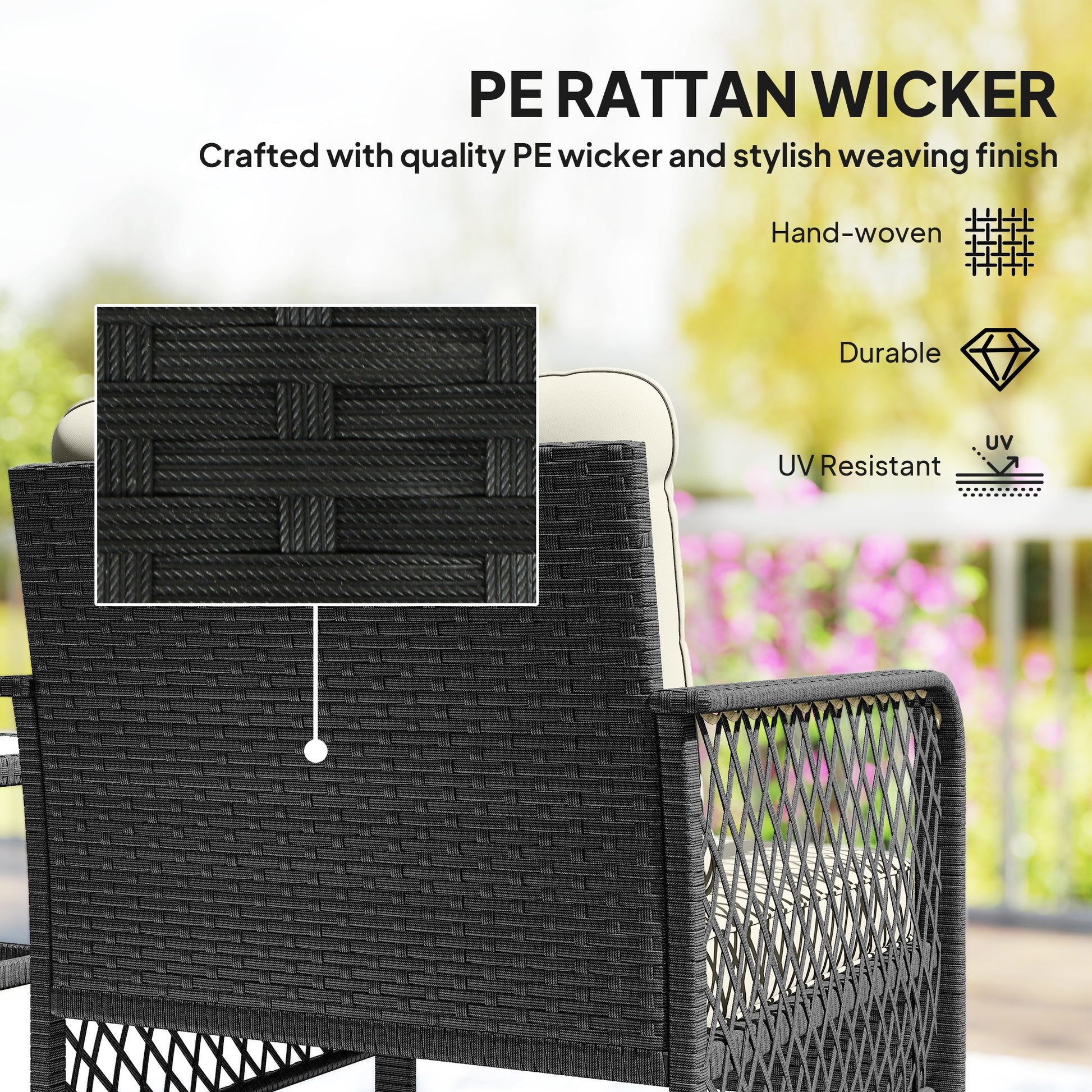 Outsunny 3 Pieces Rattan Bistro Set with Glass Top Coffee Table, Chairs and Cushions for Outdoor, Patio, Balcony, Cream
