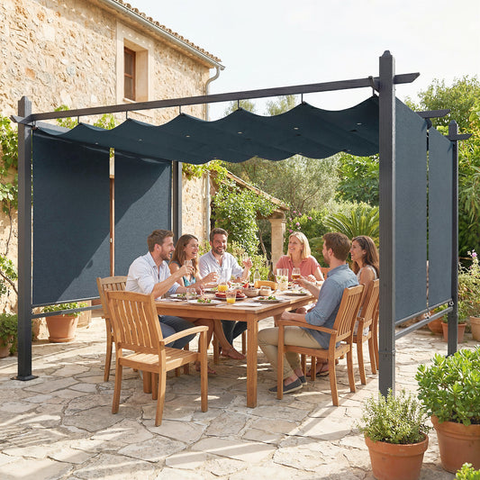 Mediterraneo 4 x 3 m Garden Pergola with Retractable Roof Canopy and Roll-Up Sides, Outdoor Gazebo Pergola Kit