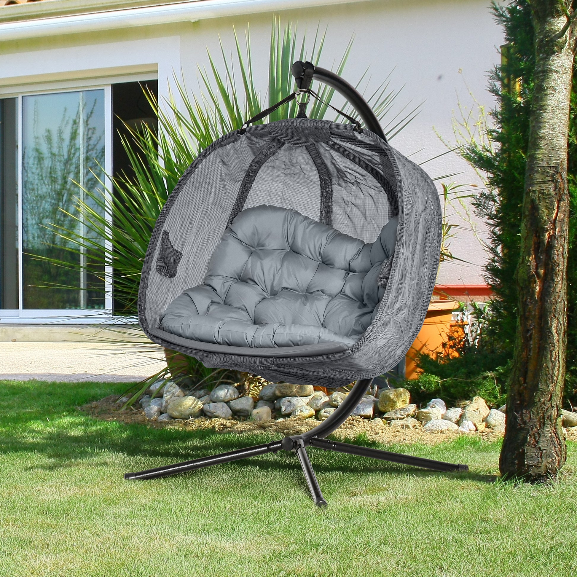 Sorrento Double Hanging Egg Chair 2 Seaters Texteline Swing Hammock Chair with Folding Design, Grey