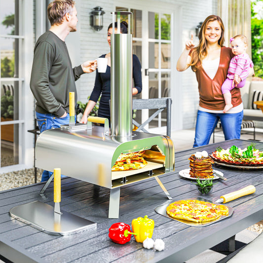 Outdoor Pizza Oven, Portable Wood Pellet Pizza Oven with Pizza Stone and Peel, Foldable Legs, Chimney, 12 Inch Wood Fired Pizza Maker for